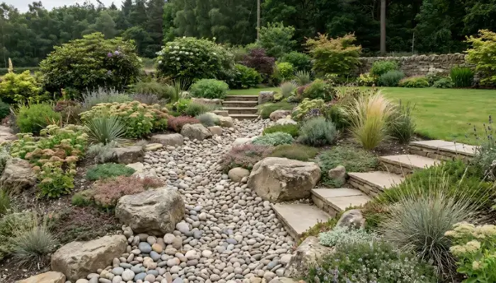 Dry river bed garden design